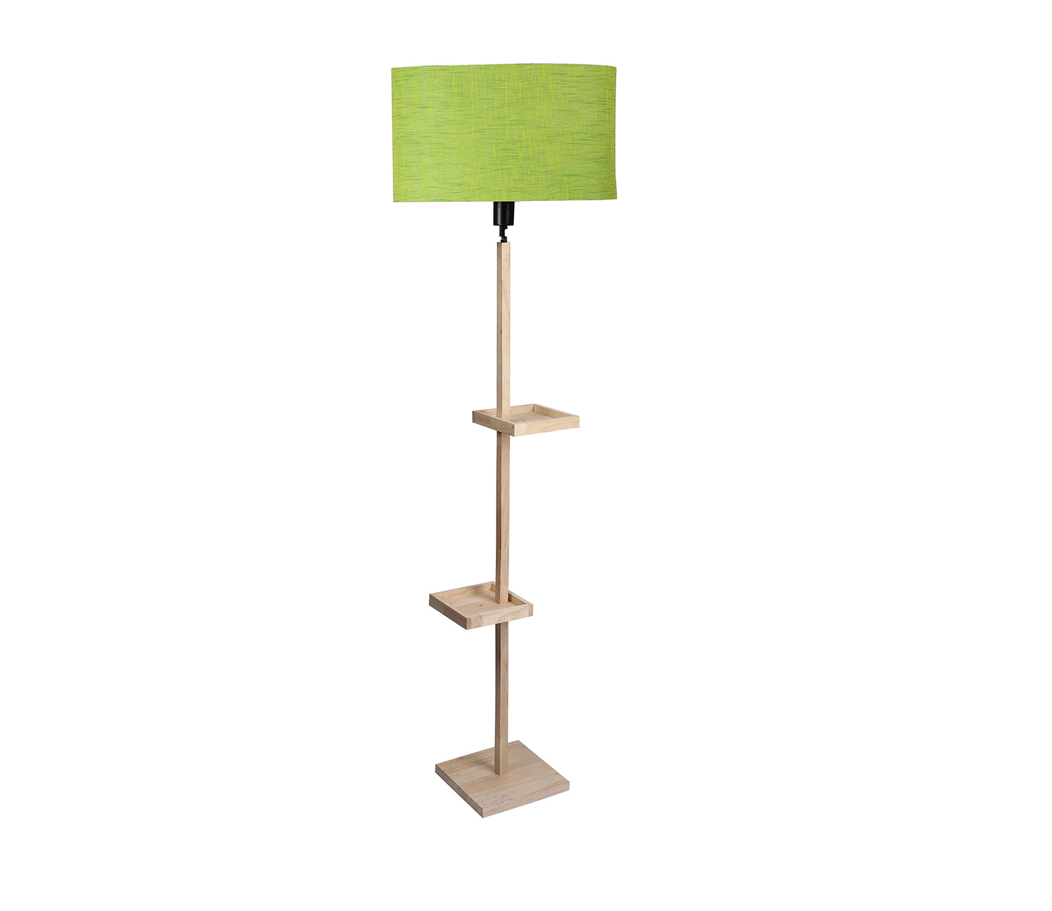 Green Fabric Double Shelf Floor Lamp with Natural Solid Wood Color Base