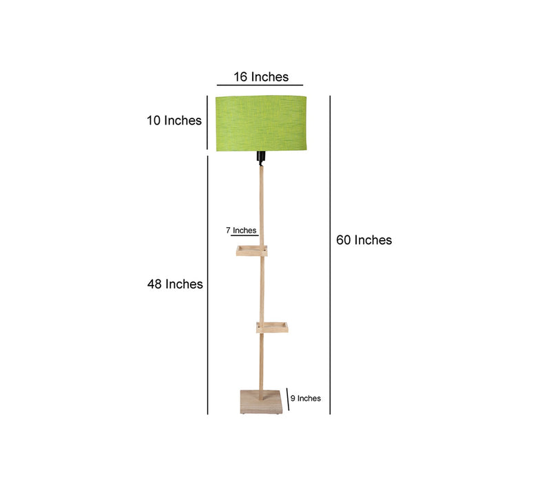 Green Fabric Double Shelf Floor Lamp with Natural Solid Wood Color Base