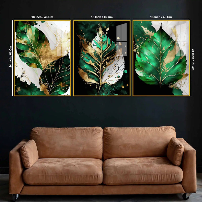 Green Leaf Floating Acrylic Wall Painting Set of 3