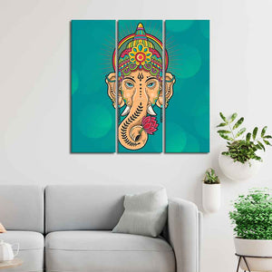 Green Lord Ganesha Wall Painting Set of Three