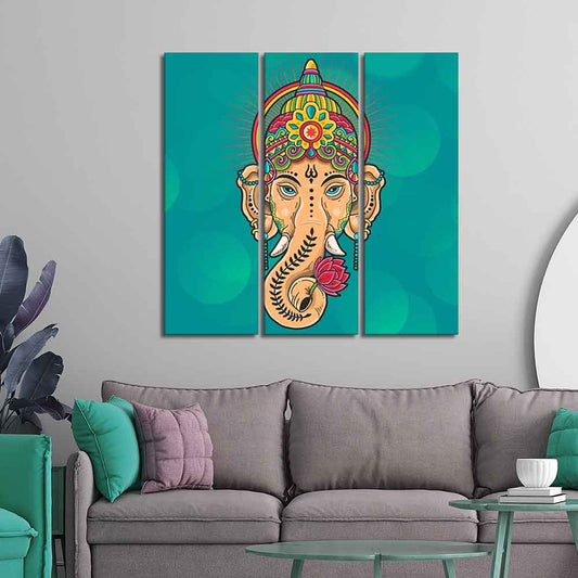 Green Lord Ganesha Wall Painting Set of Three