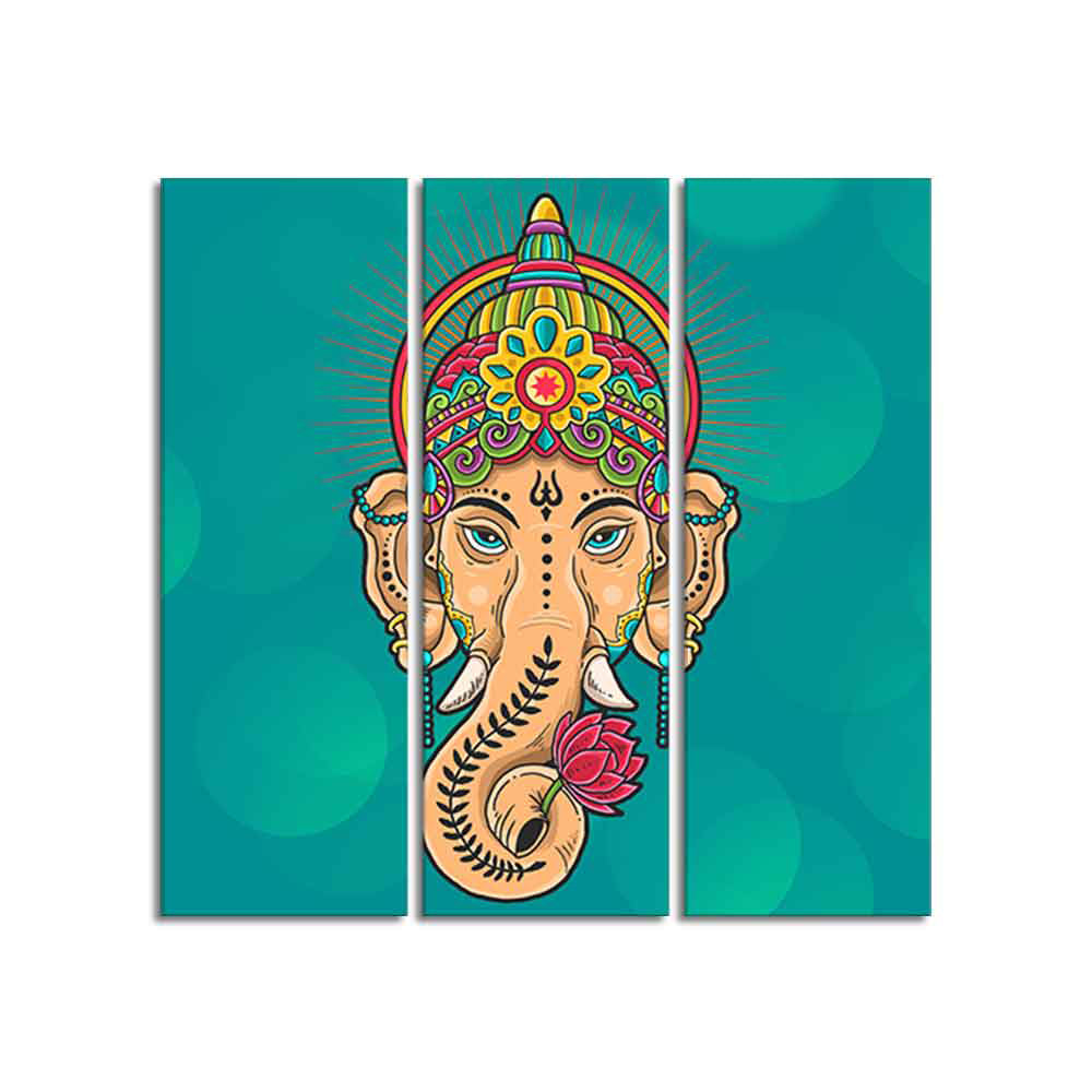 Green Lord Ganesha Wall Painting Set of Three