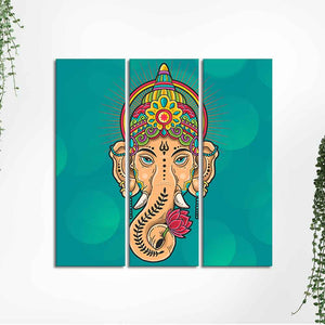 Green Lord Ganesha Wall Painting Set of Three