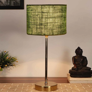 Green Textured Cotton Metal Finish Golden Table Lamp