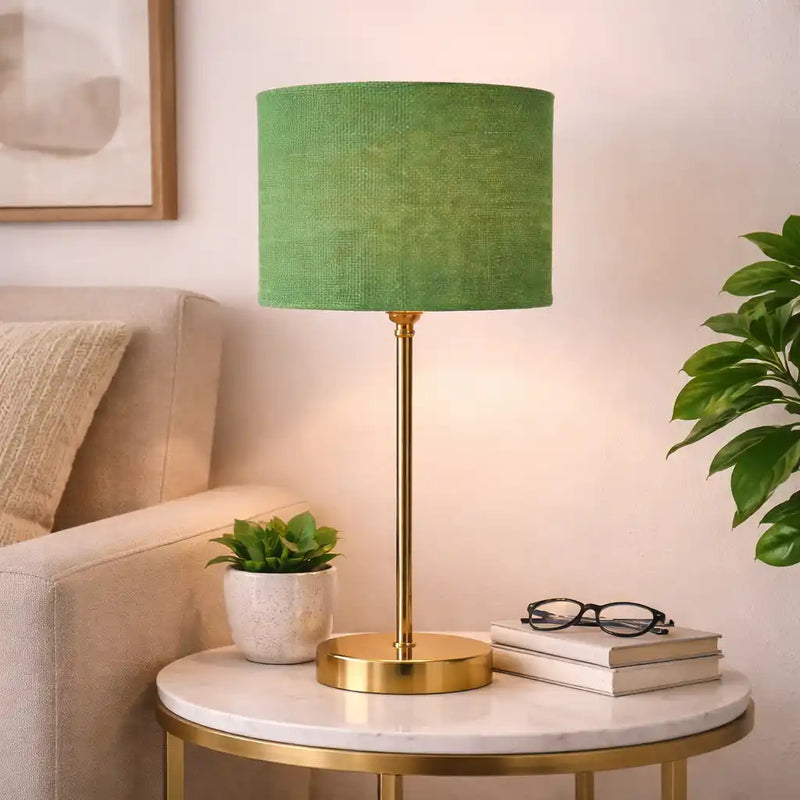 Green Textured Cotton Metal Finish Golden Table Lamp
