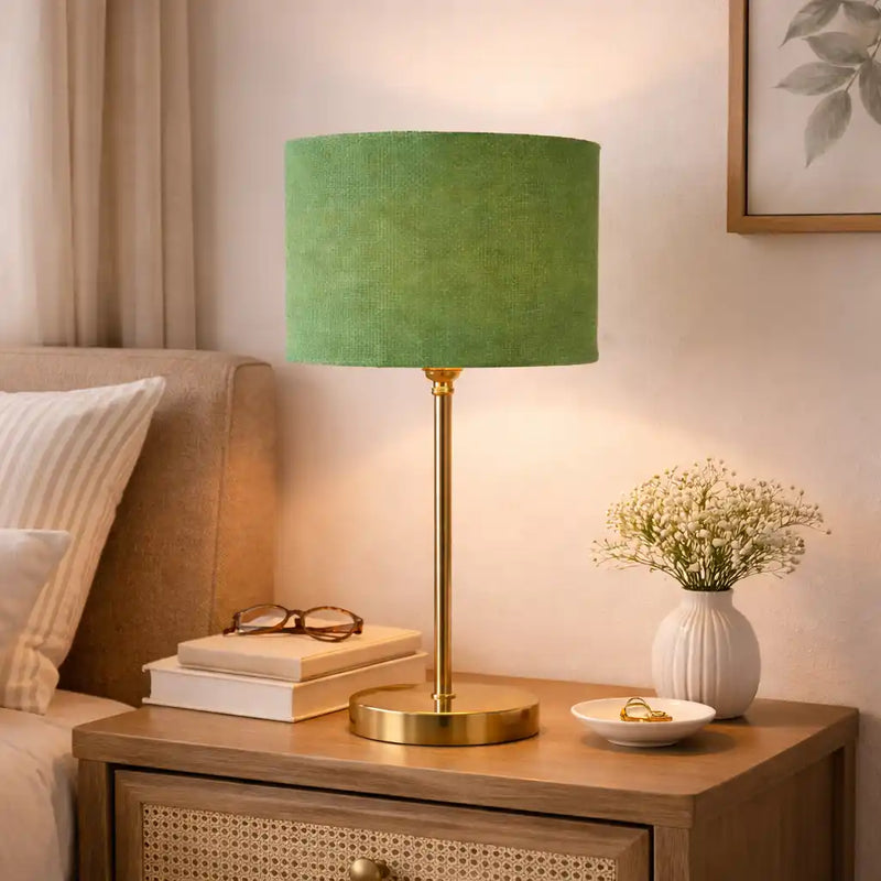 Green Textured Cotton Metal Finish Golden Table Lamp