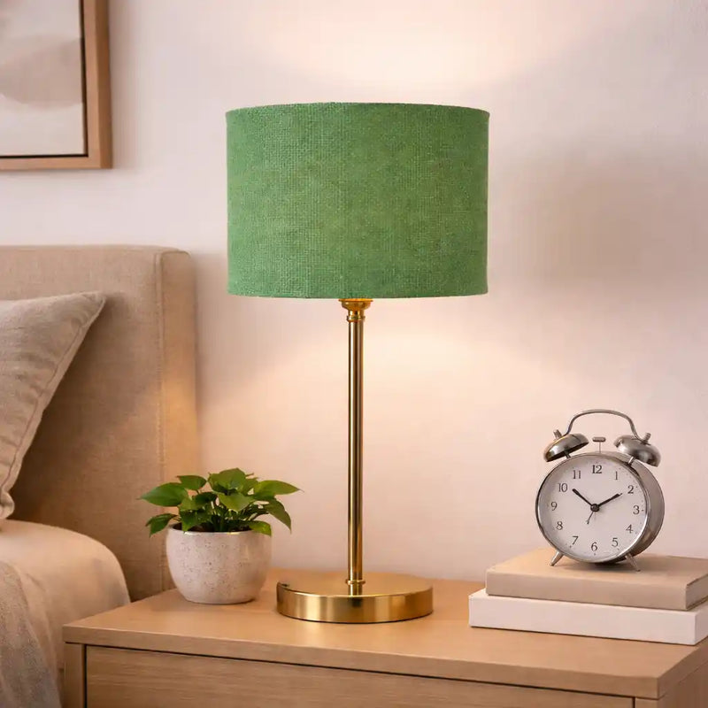 Green Textured Cotton Metal Finish Golden Table Lamp