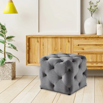 Grey Square Shaped Artistic Design Tufted Velvet Ottoman