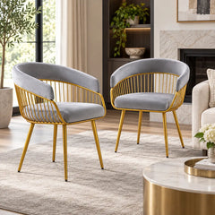 Grey Velvet Dining Chair with Curved Gold Metal Cage Frame