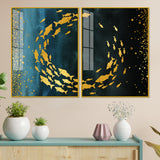 Group of Golden Fishes Acrylic Floating Wall Painting Set of 2