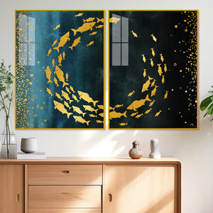 Group of Golden Fishes Acrylic Floating Wall Painting Set of 2