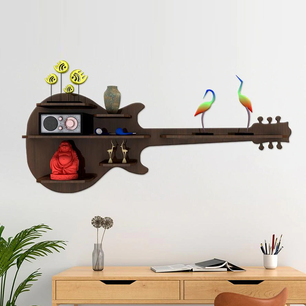 Guitar Backlit Designer Wooden Wall Shelf / Book Shelf / Night Light, Walnut Finish