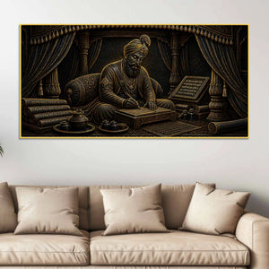 Guru Gobind Singh Ji Writing Sacred Scriptures Metallic Look 3D Canvas Wall Painting