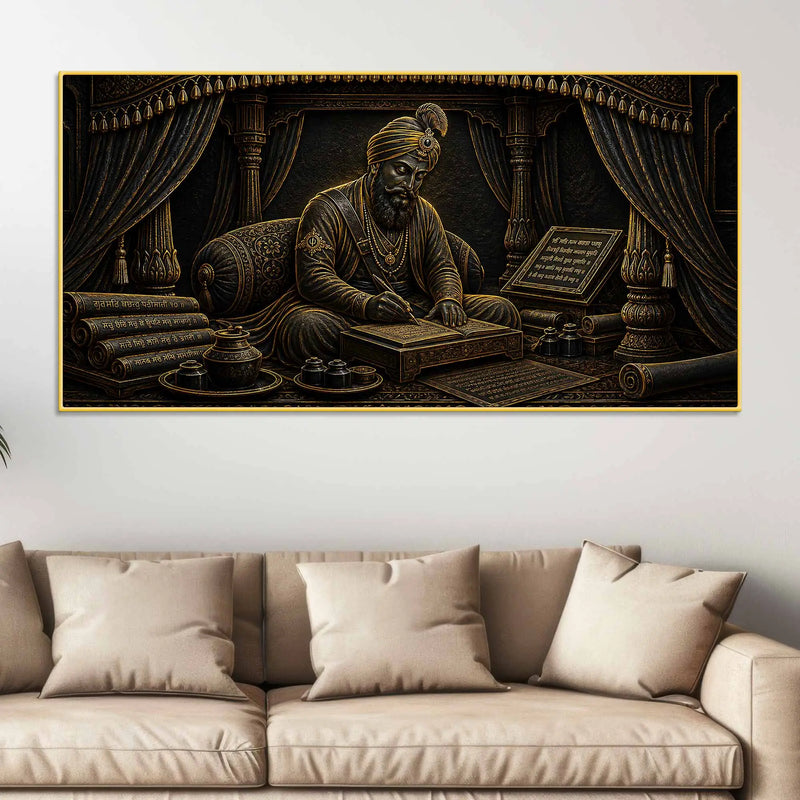 Guru Gobind Singh Ji Writing Sacred Scriptures Metallic Look 3D Canvas Wall Painting