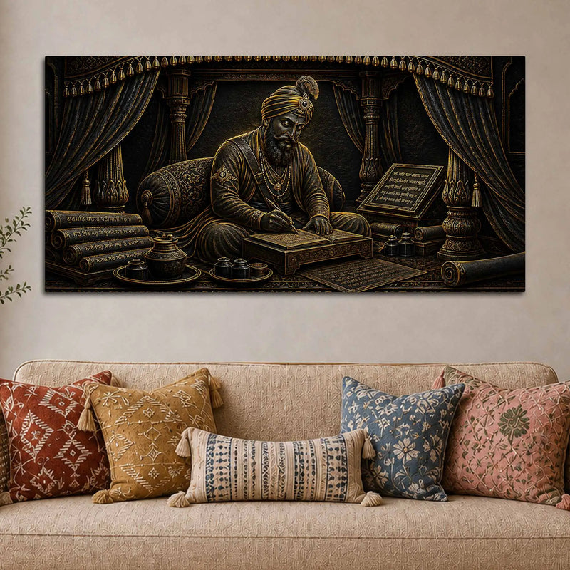 Guru Gobind Singh Ji Writing Sacred Scriptures Metallic Look 3D Canvas Wall Painting