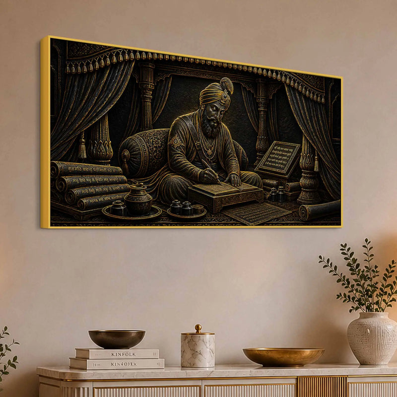 Guru Gobind Singh Ji Writing Sacred Scriptures Metallic Look 3D Canvas Wall Painting