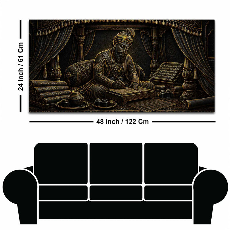 Guru Gobind Singh Ji Writing Sacred Scriptures Metallic Look 3D Canvas Wall Painting