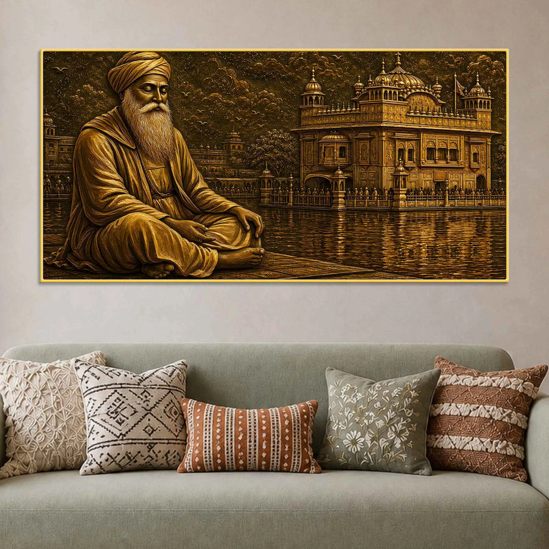 Guru Nanak Dev Ji & Golden Temple Metallic Look 3D Canvas Wall Painting