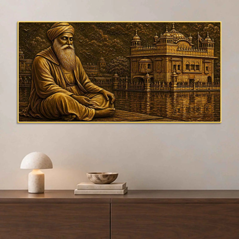 Guru Nanak Dev Ji & Golden Temple Metallic Look 3D Canvas Wall Painting