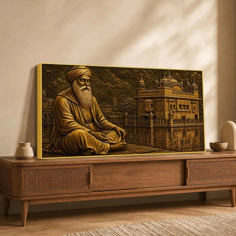 Guru Nanak Dev Ji & Golden Temple Metallic Look 3D Canvas Wall Painting