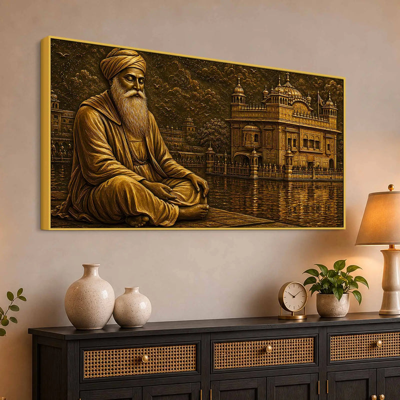 Guru Nanak Dev Ji & Golden Temple Metallic Look 3D Canvas Wall Painting