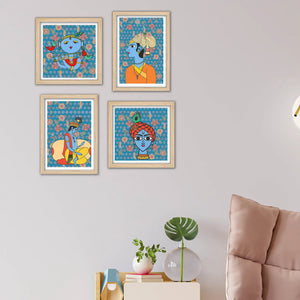 Handcrafted Style Krishna Wall Art Frame Set of 4 for Cultural Decor