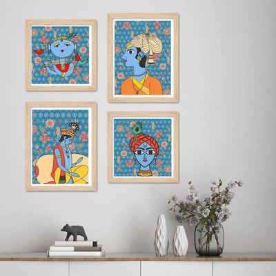 Handcrafted Style Krishna Wall Art Frame Set of 4 for Cultural Decor