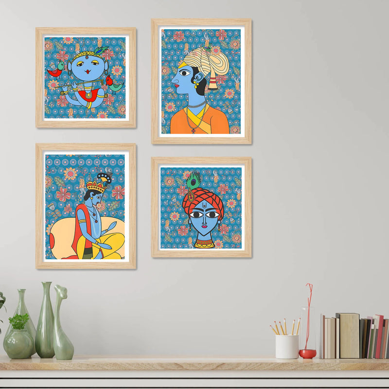 Handcrafted Style Krishna Wall Art Frame Set of 4 for Cultural Decor