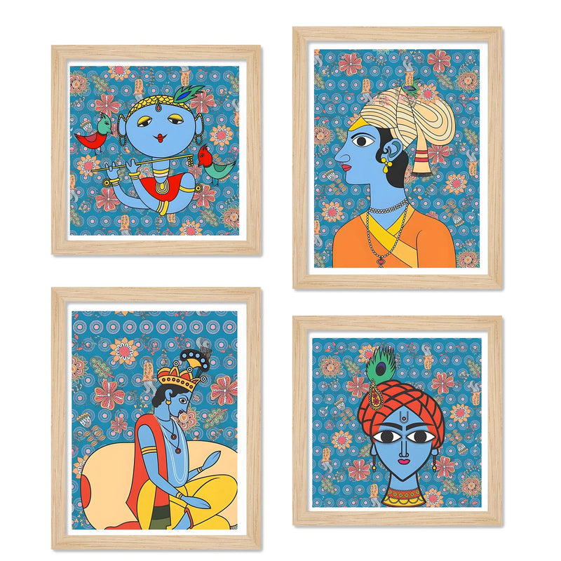 Handcrafted Style Krishna Wall Art Frame Set of 4 for Cultural Decor