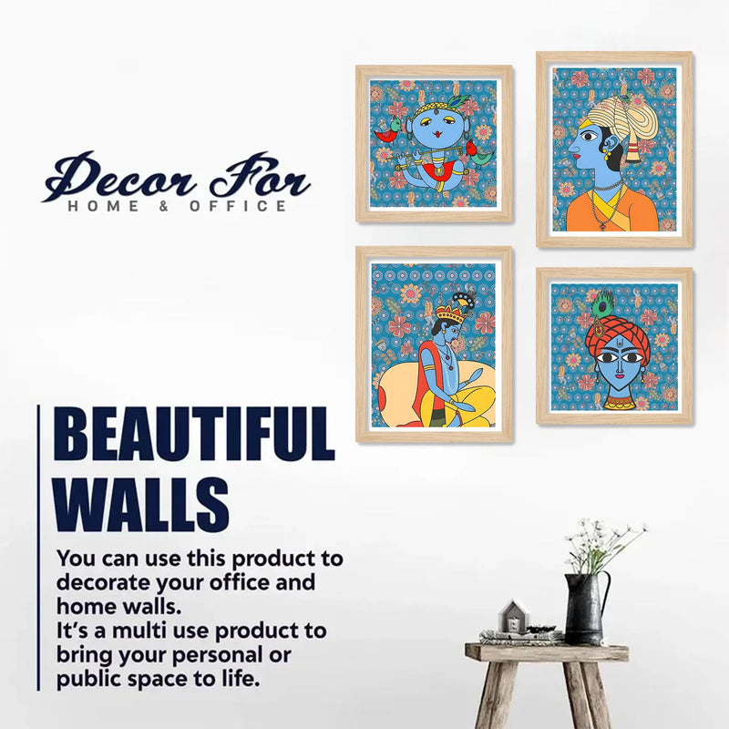 Handcrafted Style Krishna Wall Art Frame Set of 4 for Cultural Decor