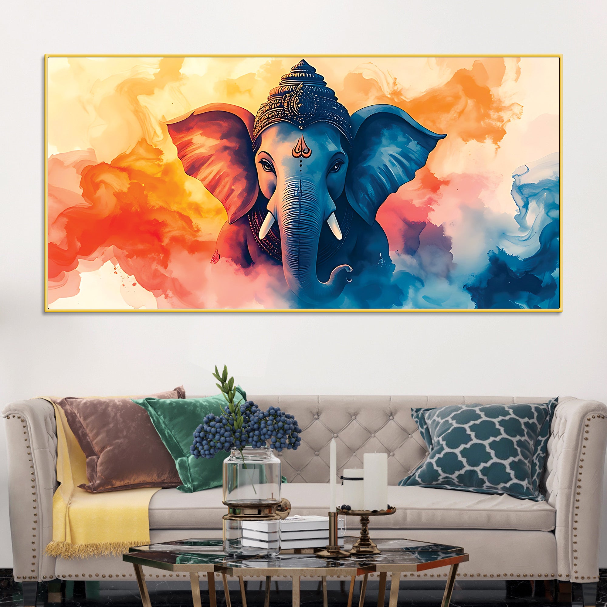 Handcrafted Style Lord Shri Ganpati Bappa Canvas Wall Painting for Home & Office Decoration – Modern Spiritual Wall Decor