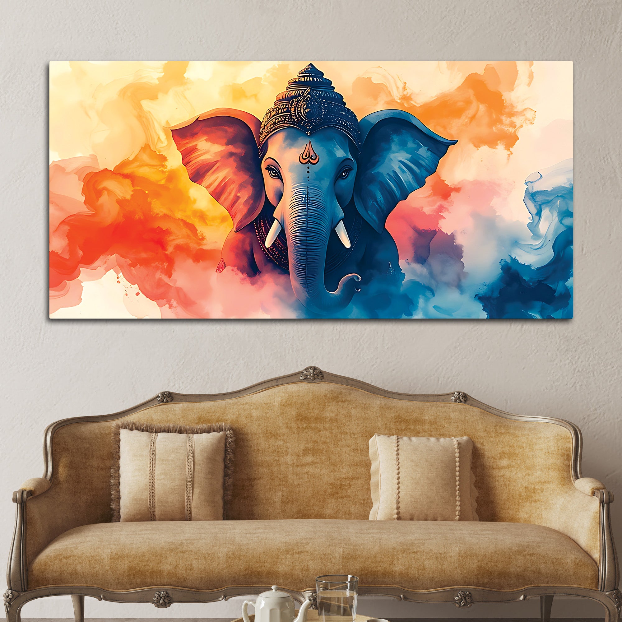 Handcrafted Style Lord Shri Ganpati Bappa Canvas Wall Painting for Home & Office Decoration – Modern Spiritual Wall Decor