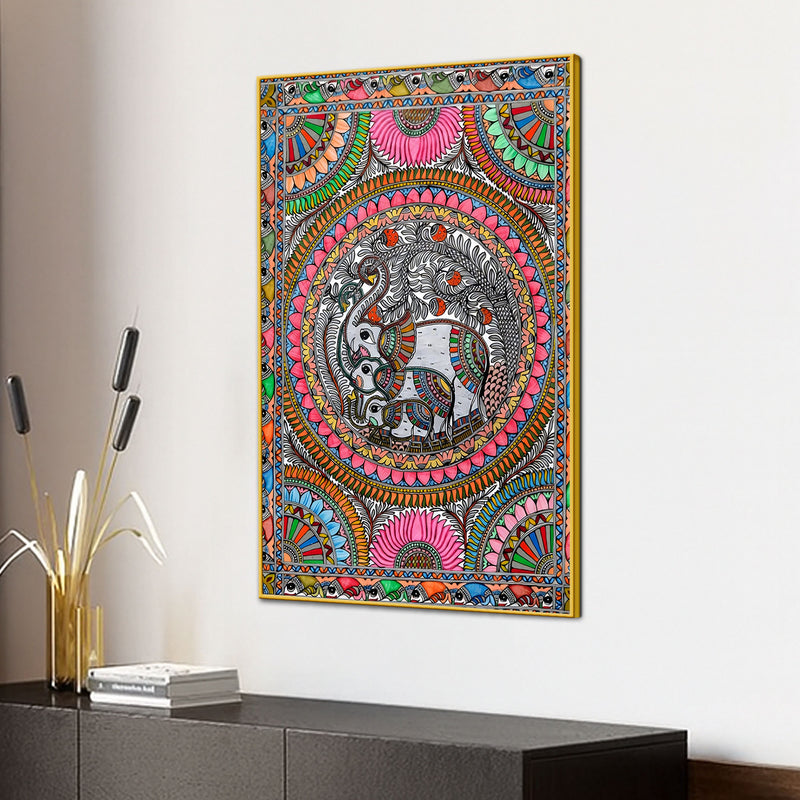Handcrafted Style Madhubani Elephant Canvas Painting