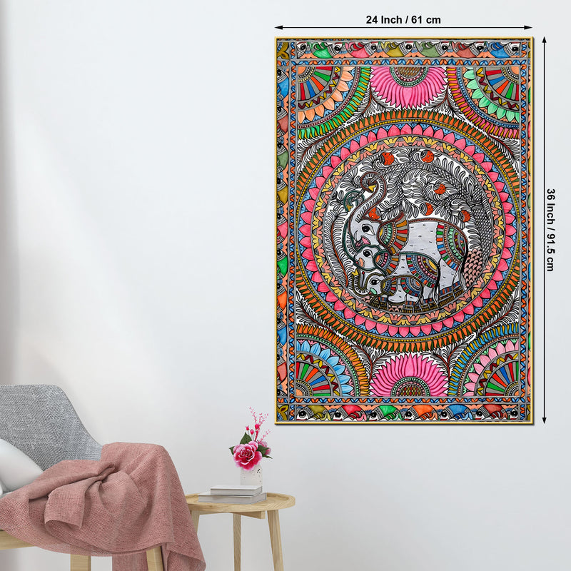 Handcrafted Style Madhubani Elephant Canvas Painting