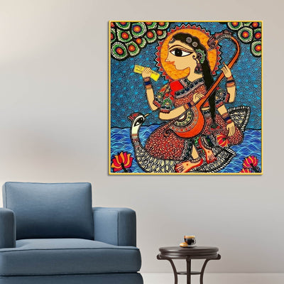 handmade-style-saraswati-madhubani-painting-for-temple-wall-decor