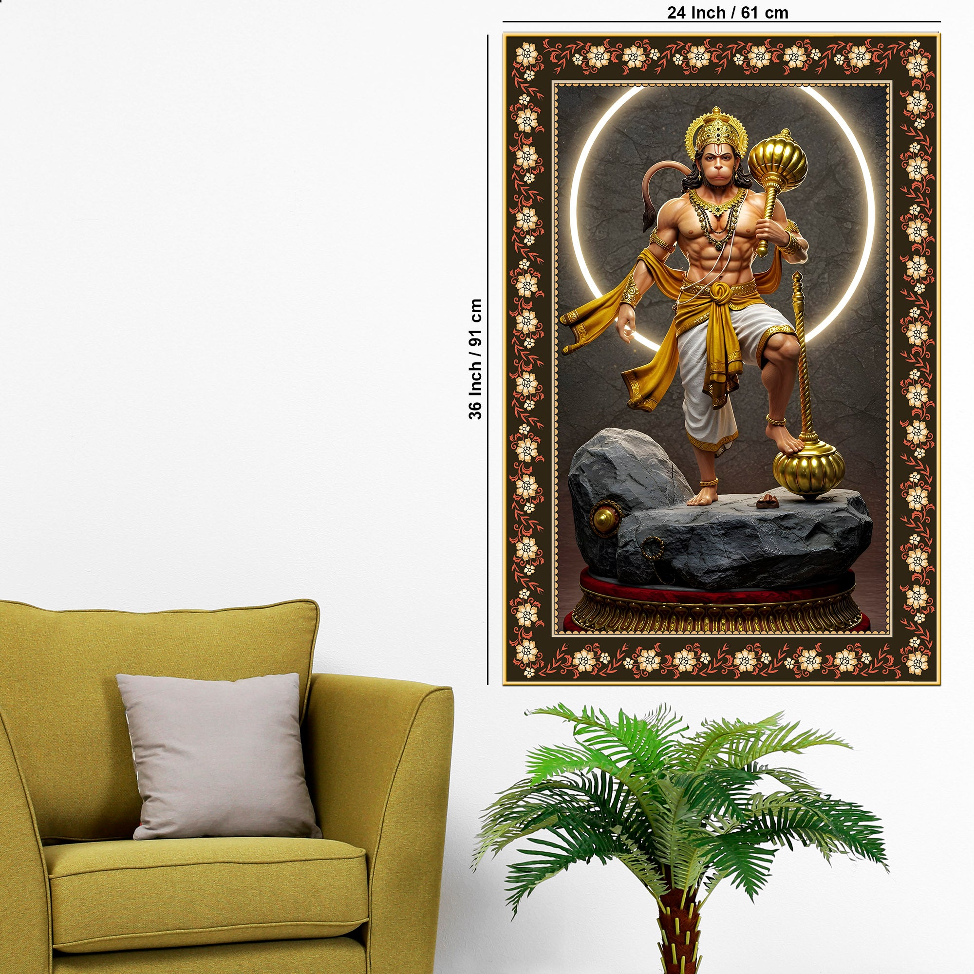 Hanuman Destroyer of illusions Floral Border Vertical Wall Painting