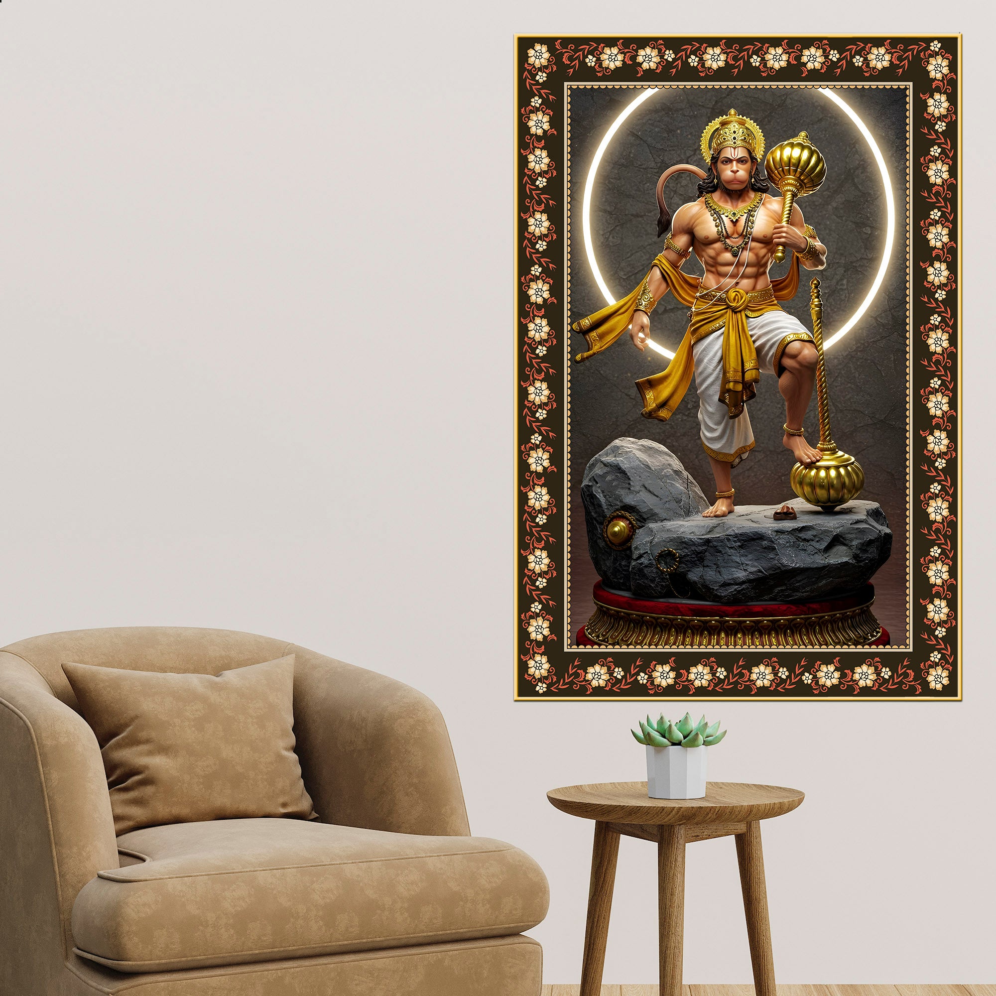 Hanuman Destroyer of illusions Floral Border Vertical Wall Painting