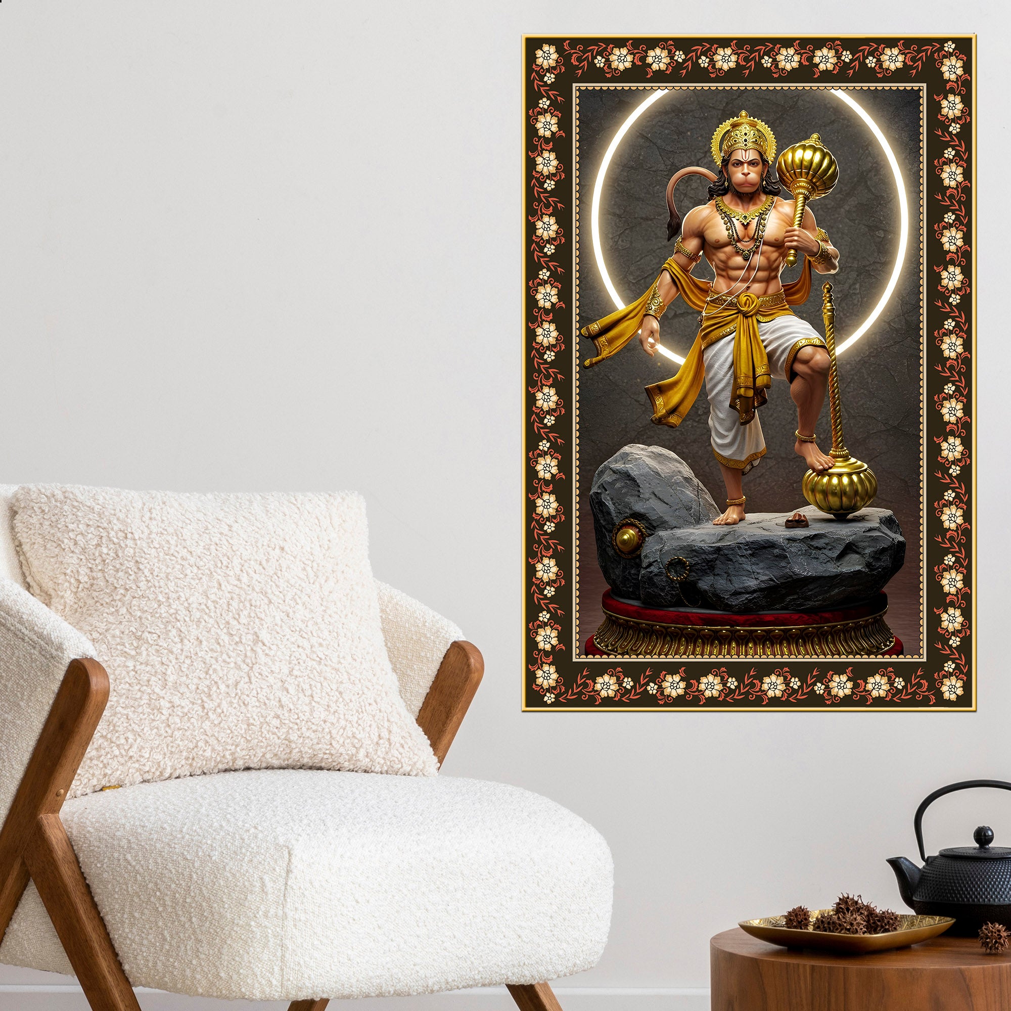 Hanuman Destroyer of illusions Floral Border Vertical Wall Painting