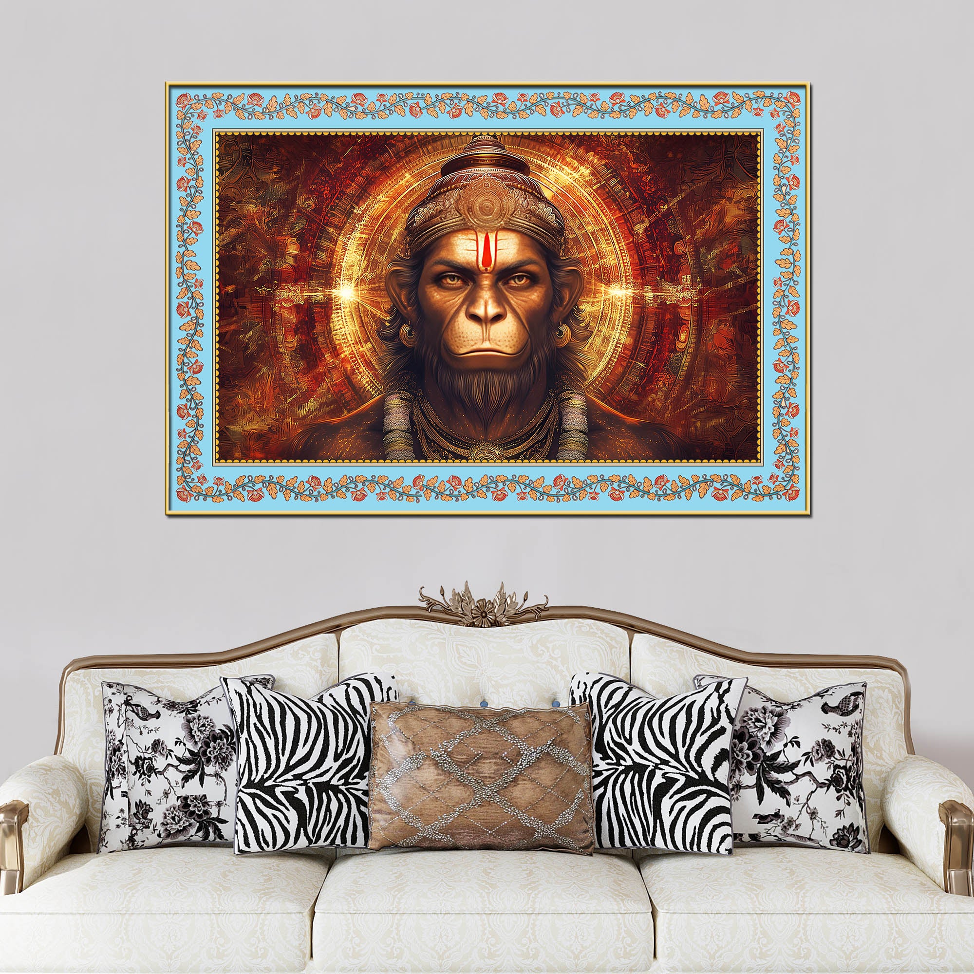 Hanuman Symbol of Strength Floral Border Canvas Wall Painting