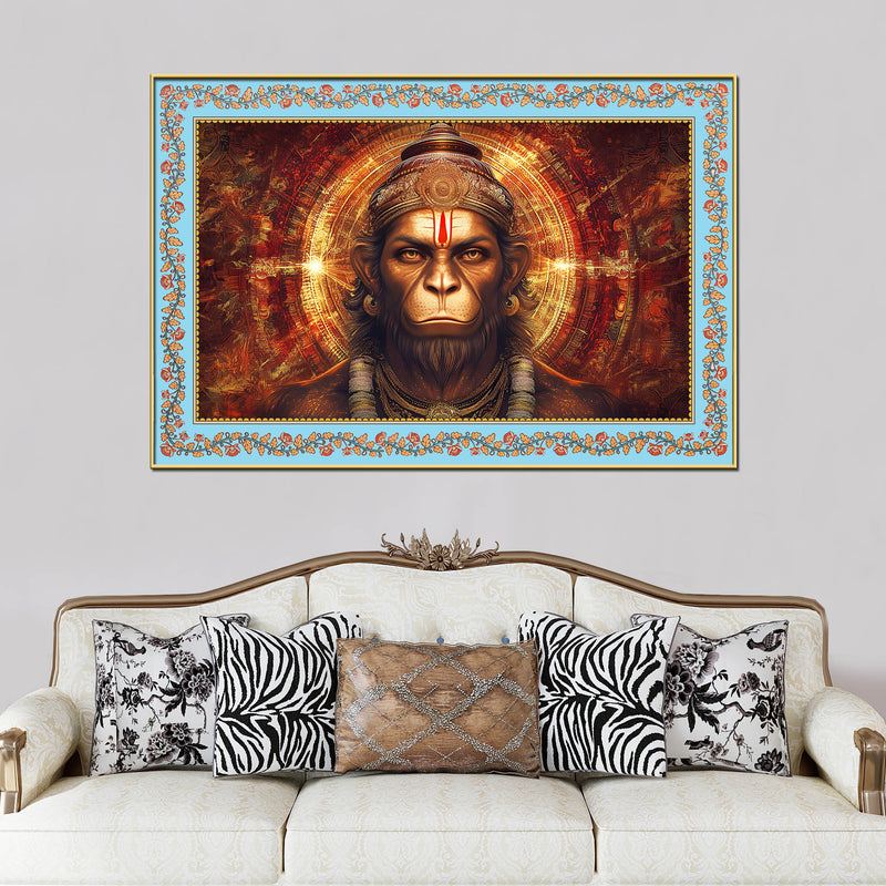 Hanuman Symbol of Strength Floral Border Canvas Wall Painting