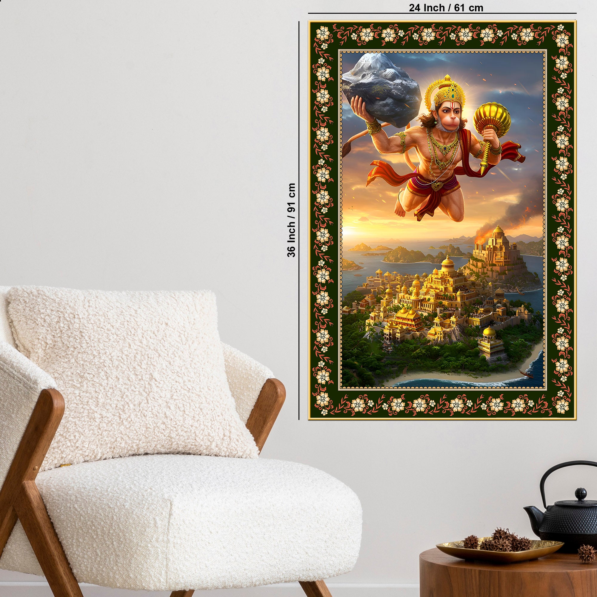 Hanuman with Sanjivani Hill Floral Border Vertical Wall Painting