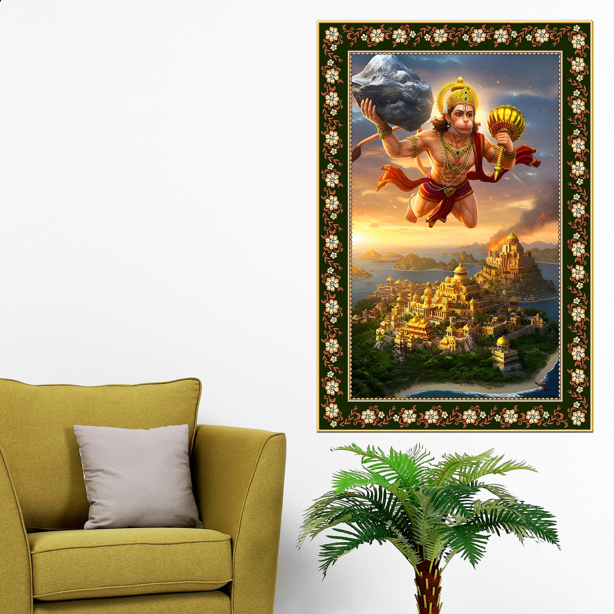 Hanuman with Sanjivani Hill Floral Border Vertical Wall Painting