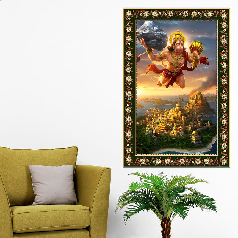 Hanuman with Sanjivani Hill Floral Border Vertical Wall Painting