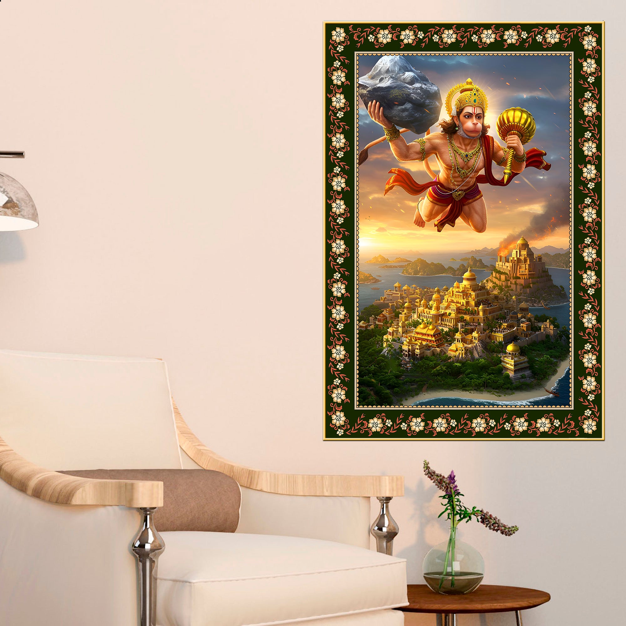 Hanuman with Sanjivani Hill Floral Border Vertical Wall Painting