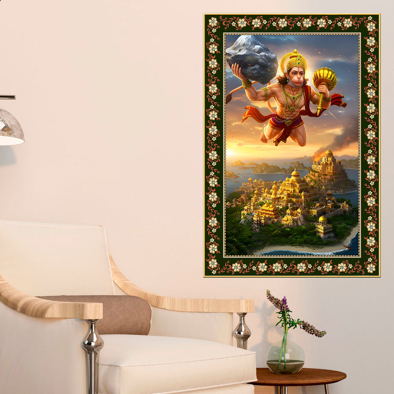 Hanuman with Sanjivani Hill Floral Border Vertical Wall Painting