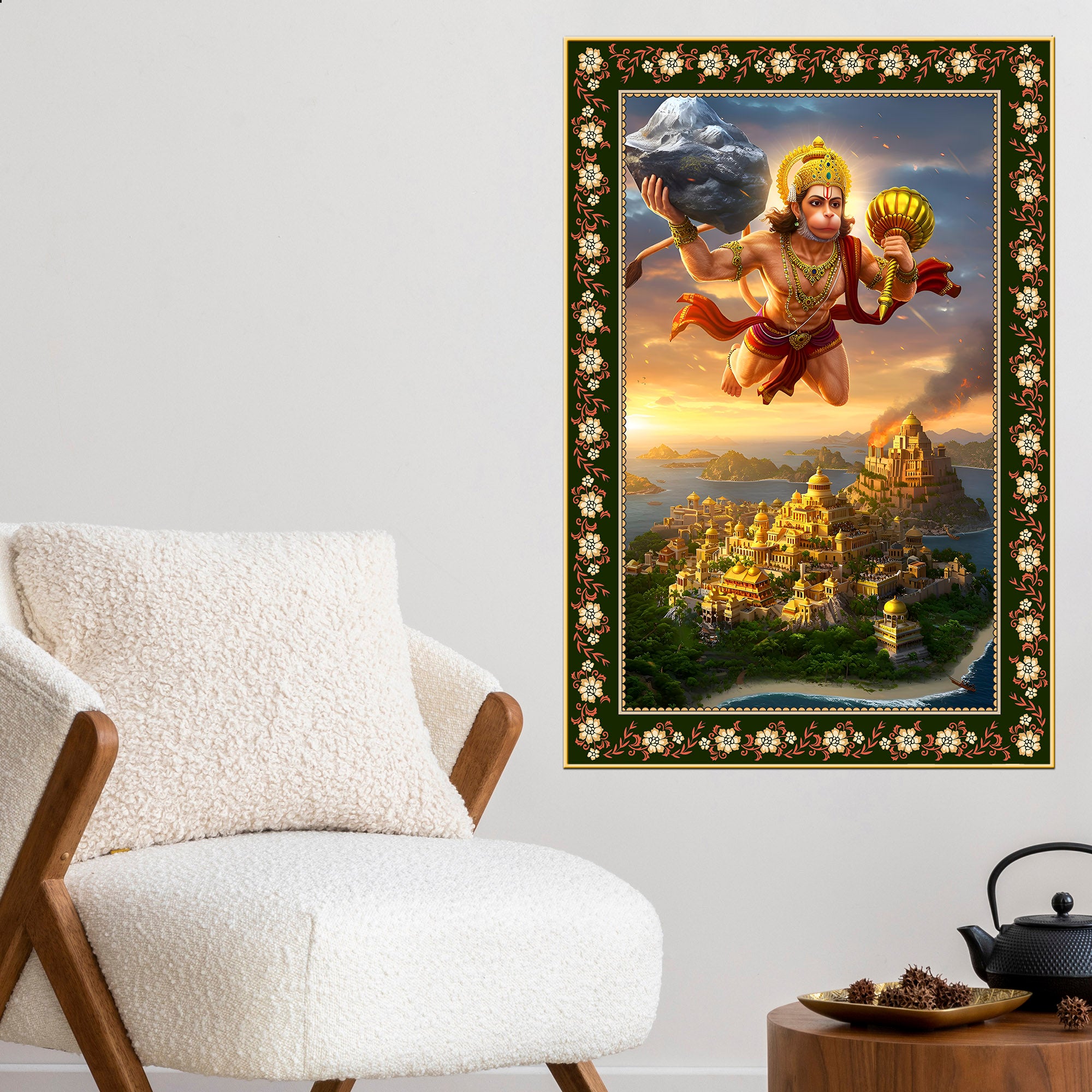 Hanuman with Sanjivani Hill Floral Border Vertical Wall Painting