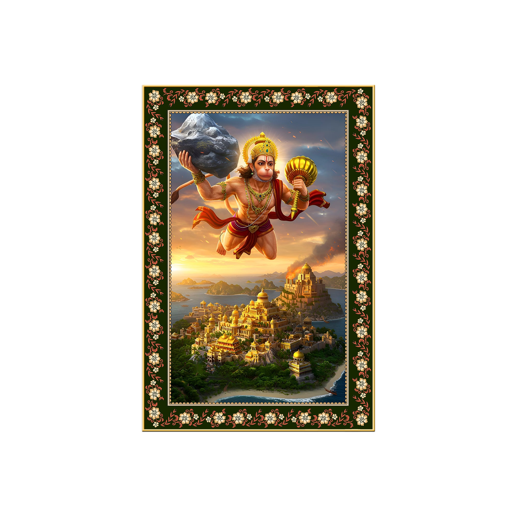Hanuman with Sanjivani Hill Floral Border Vertical Wall Painting