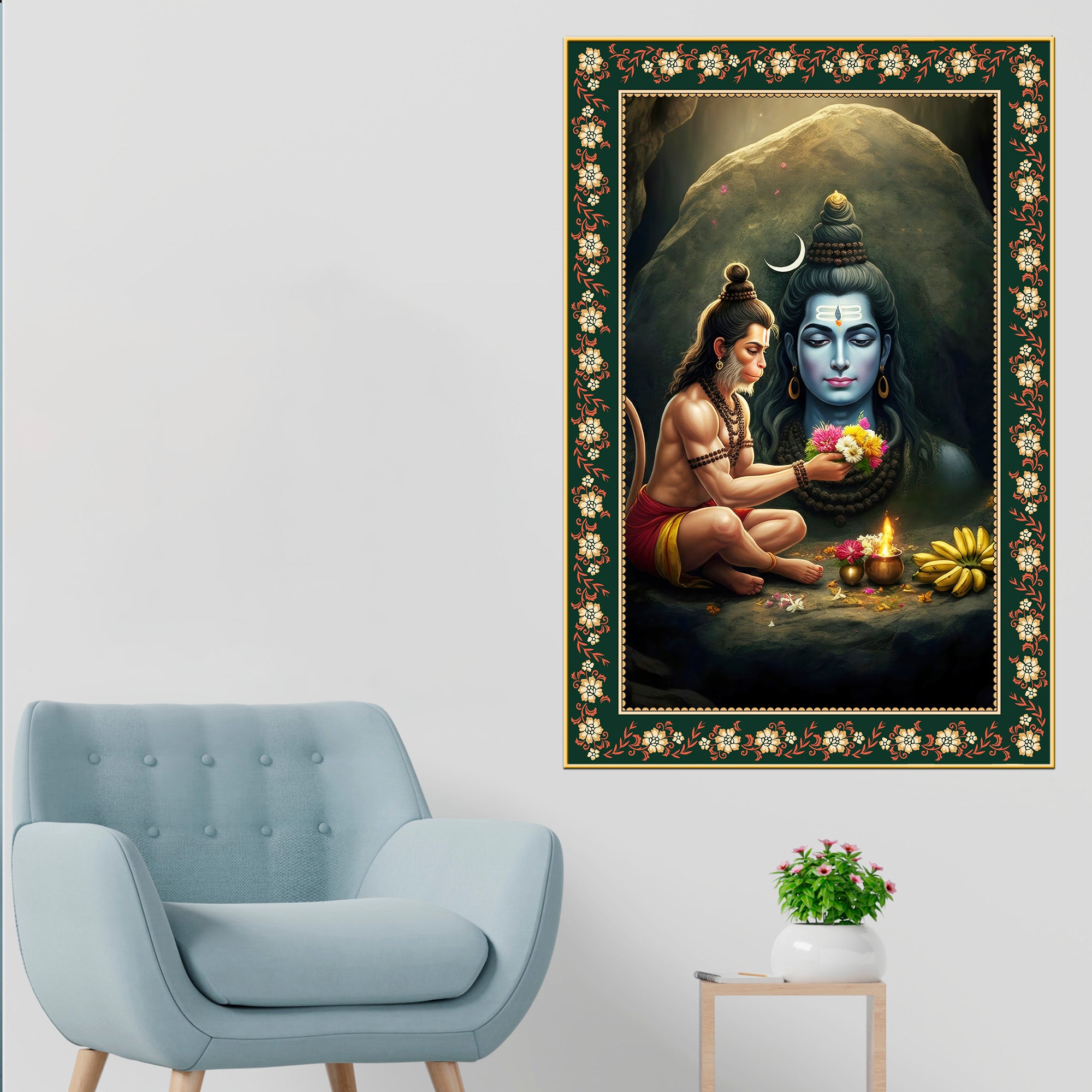 Hanuman Worship Shiva Floral Border Vertical Wall Painting