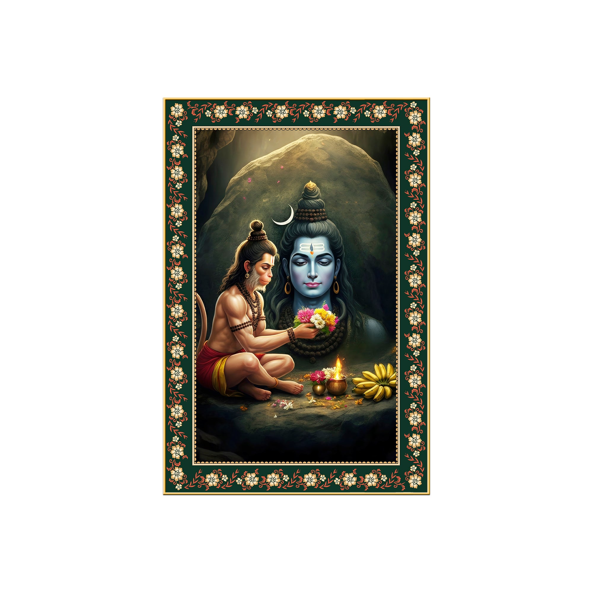 Hanuman Worship Shiva Floral Border Vertical Wall Painting
