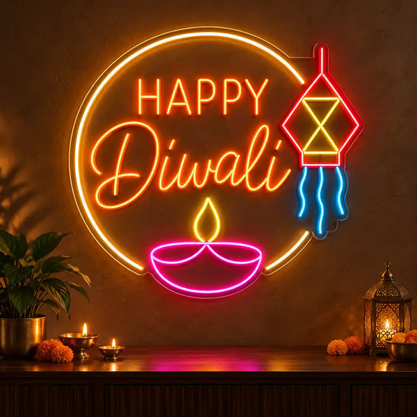 Happy Diwali Multicolor Neon LED Wall Sign with Diya & Kandil Lantern Design